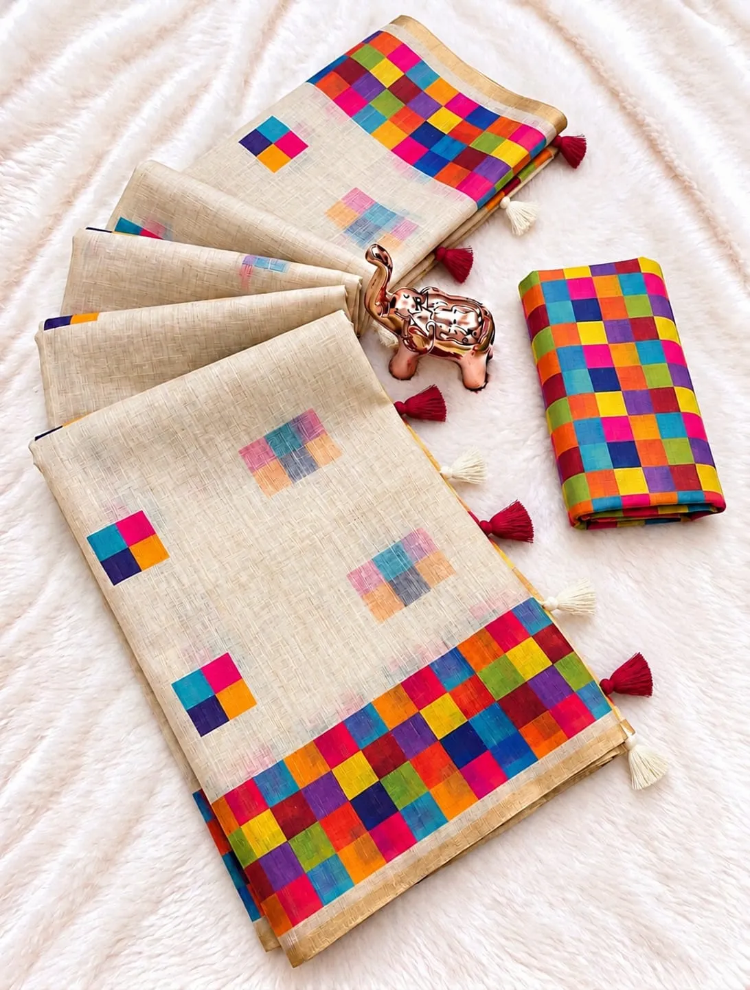 Ivory Multicolor Checkered Border Linen Cotton Saree